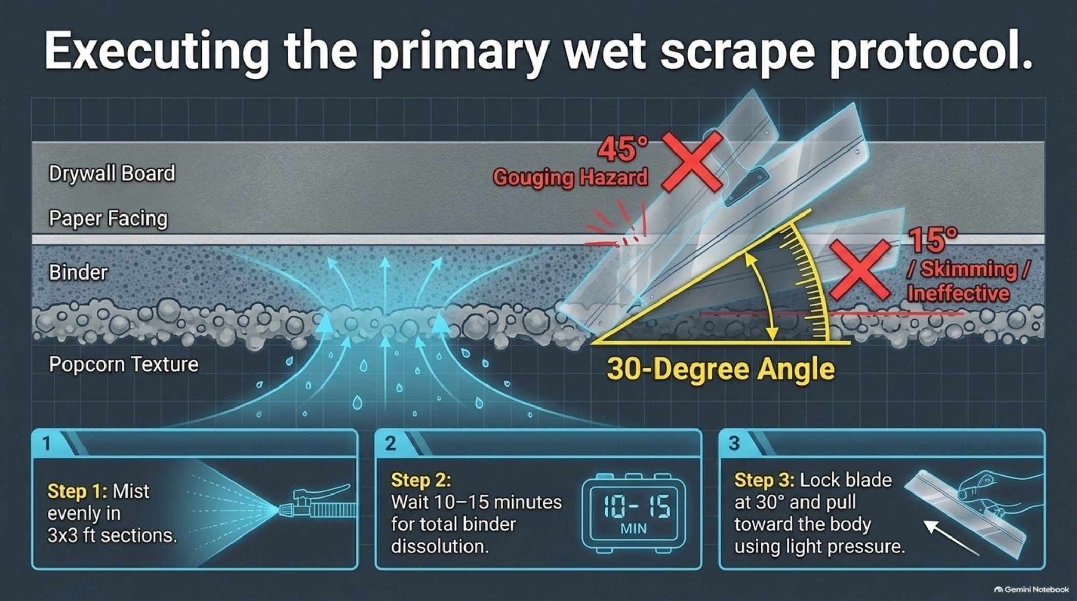Wet scrape technique diagram: 12-inch blade at 30 degrees pulled toward the body, with 45 degrees as a gouging hazard and 15 degrees as an ineffective skim