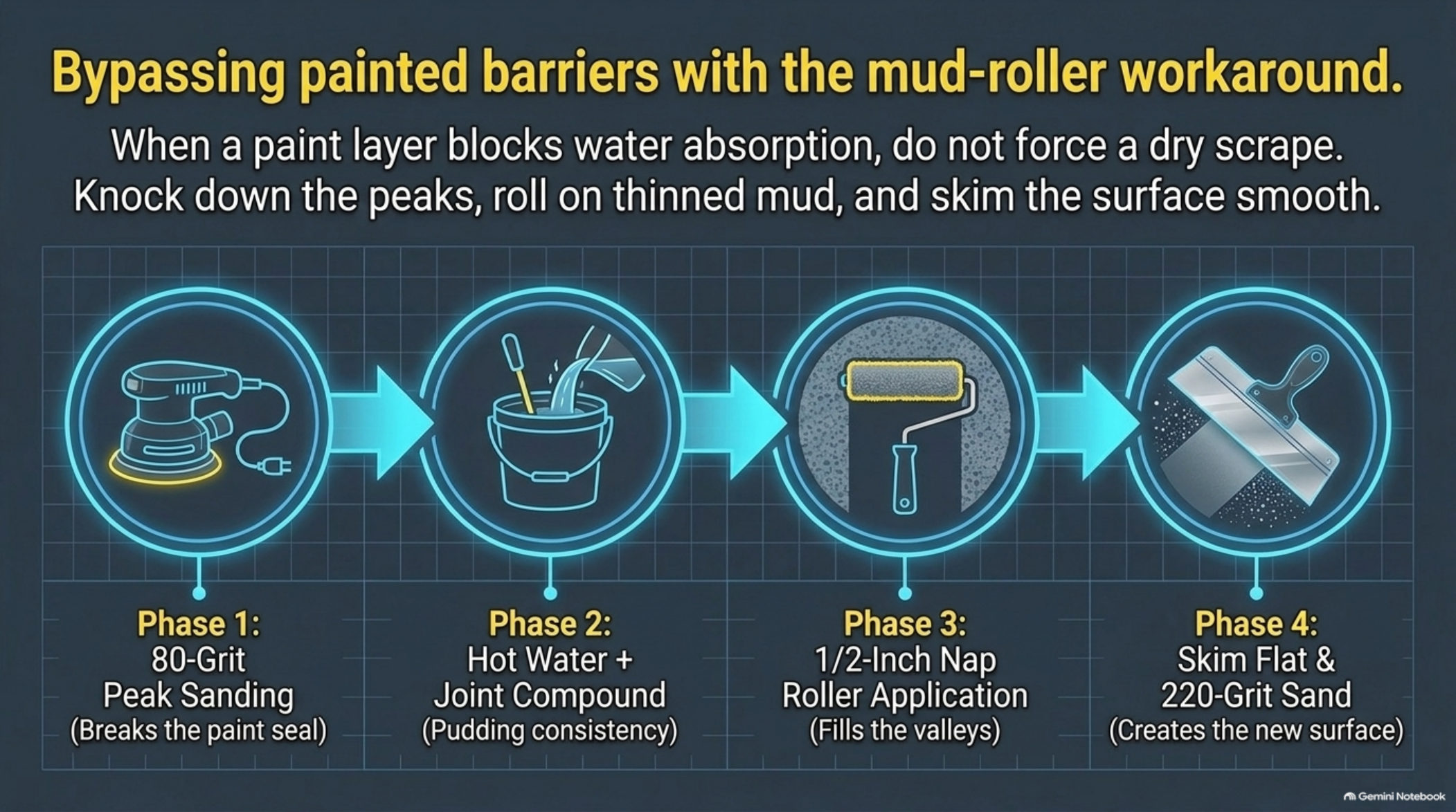 Mud-roller workaround phases: 80-grit peak sanding, thinned joint compound at pudding consistency, 1/2-inch nap roller application, then skim flat and 220-grit sand