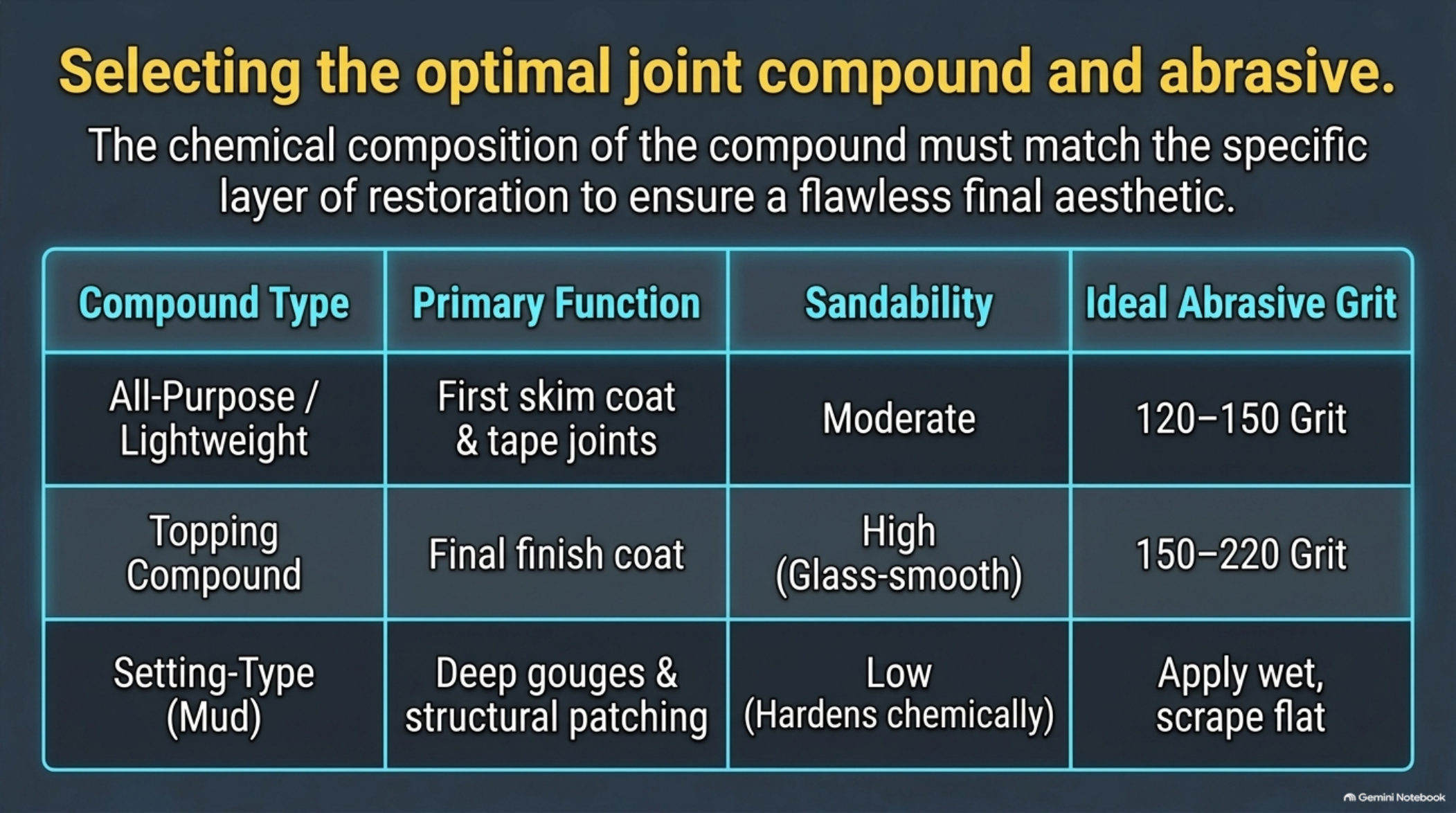 Compound selection chart from the Popcorn Extraction Masterclass: all-purpose, topping, and setting-type mud with their grit ranges