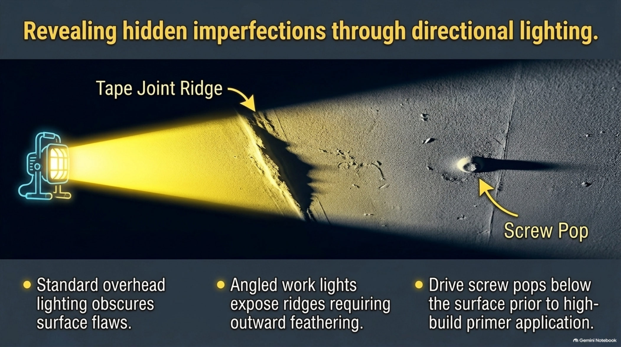 Raking work light revealing a tape-joint ridge and a screw pop on a skim-coated ceiling