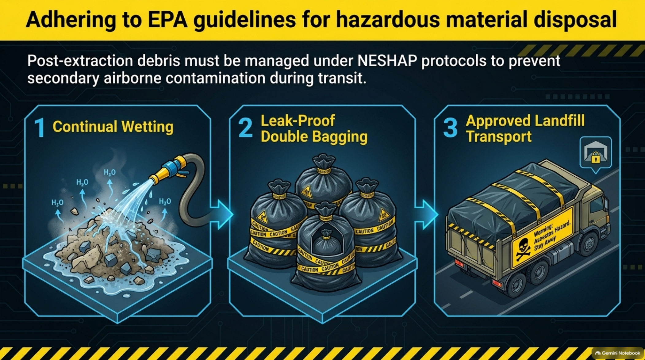 Double-bagged asbestos waste with CAUTION labels ready for transport to an approved landfill
